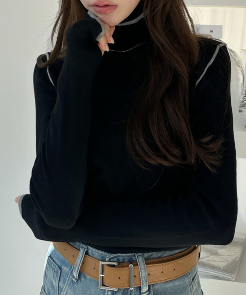 Ada.（エイダ）の「配色ライン ハイネック ニット プルオーバー（ニット/セーター・レディース・チャコール/ブラウン/ライトグリーン/ブラック/アイボリー・FREE）」の3枚目の写真