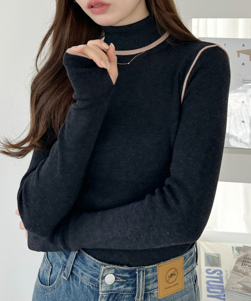 Ada.（エイダ）の「配色ライン ハイネック ニット プルオーバー（ニット/セーター・レディース・チャコール/ブラウン/ライトグリーン/ブラック/アイボリー・FREE）」の12枚目の写真