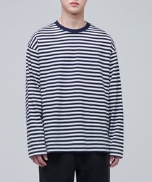ストライプリラックスクルーネック長袖Tシャツ[ネイビー]