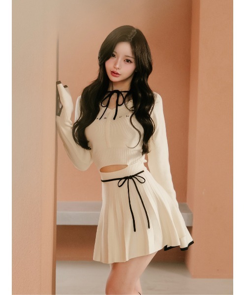 ウエストオープンリボンデザインニットミニワンピース（ワンピース