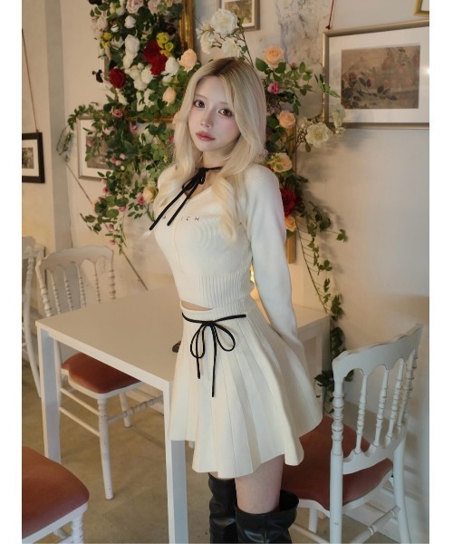 ウエストオープンリボンデザインニットミニワンピース（ワンピース