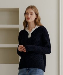 YUPPE（ヨッペ）の「OVER COLLAR KNIT_NAVY（ニット/セーター）」