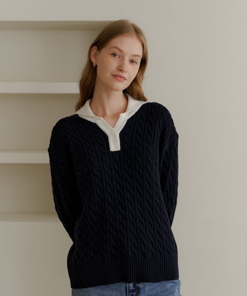 YUPPE(ヨッペ)の「OVER COLLAR KNIT_NAVY(ニット/セーター・レディース・その他・FREE)」の2枚目の写真