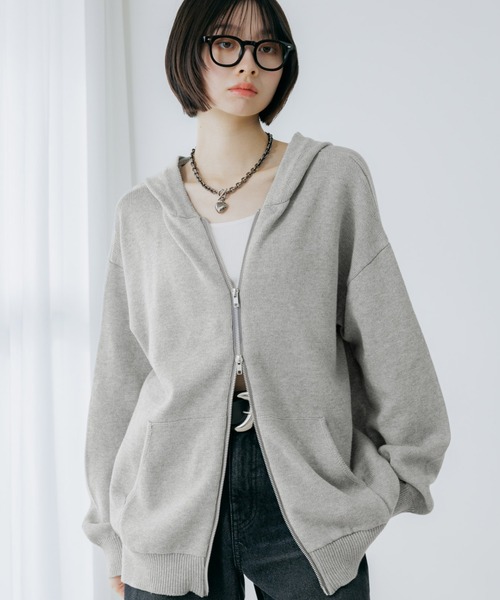 PAGEBOY(ページボーイ)の「ビンテージニットZIPパーカー2/フーディ 【ミドル・ロング丈の選べる2サイズ展開】(パーカー・レディース・グレー/チャコールグレー/ネイビー・SMALL/FREE)」の1枚目の写真