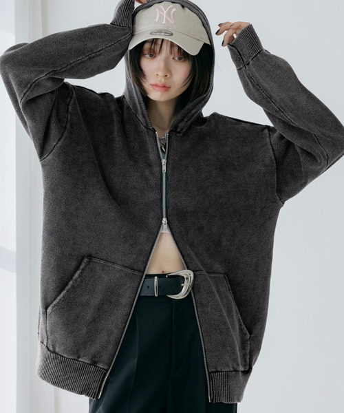 PAGEBOY(ページボーイ)の「ビンテージニットZIPパーカー2/フーディ 【ミドル・ロング丈の選べる2サイズ展開】(パーカー・レディース・グレー/チャコールグレー/ネイビー・SMALL/FREE)」の2枚目の写真