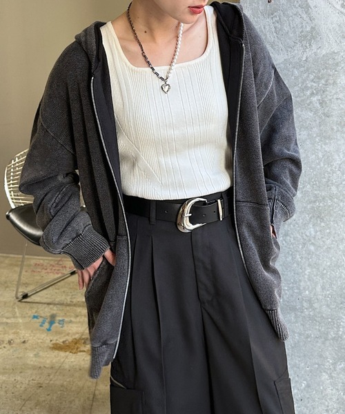 PAGEBOY（ページボーイ）の「ビンテージニットZIPパーカー2/フーディ 【ミドル・ロング丈の選べる2サイズ展開】（パーカー・レディース・グレー/チャコールグレー/ネイビー・SMALL/FREE）」の4枚目の写真