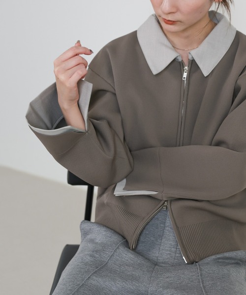 シャツカラードッキングダブルジップカーディガン（カーディガン