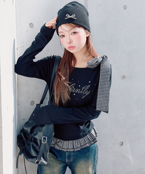 OLIVE des OLIVE（オリーブデオリーブ）の「肩リボンTシャツ（Tシャツ/カットソー・レディース・ブラック/オフホワイト/トップグレー・FREE）」の2枚目の写真