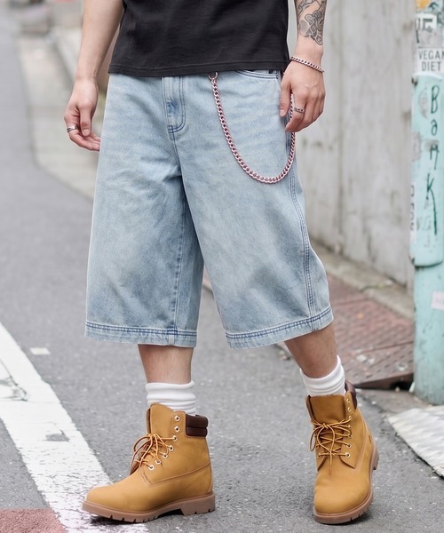NYLAUS(ナイラス)の「【Nylaus】ヴィンテージ デニムワイドハーフパンツ ショートパンツ オーバーダイ ブラスト加工(デニムパンツ・メンズ・ブルー/ブラック/ネイビー・L/M)」の3枚目の写真