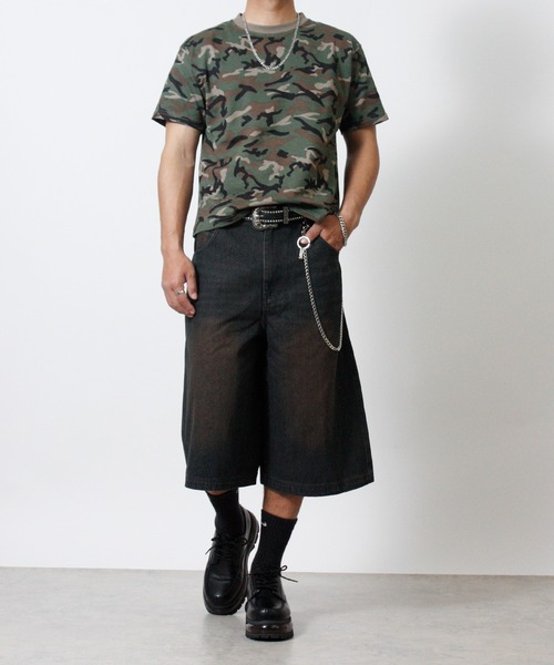 NYLAUS(ナイラス)の「【Nylaus】ヴィンテージ デニムワイドハーフパンツ ショートパンツ オーバーダイ ブラスト加工(デニムパンツ・メンズ・ブルー/ブラック/ネイビー・L/M)」の6枚目の写真