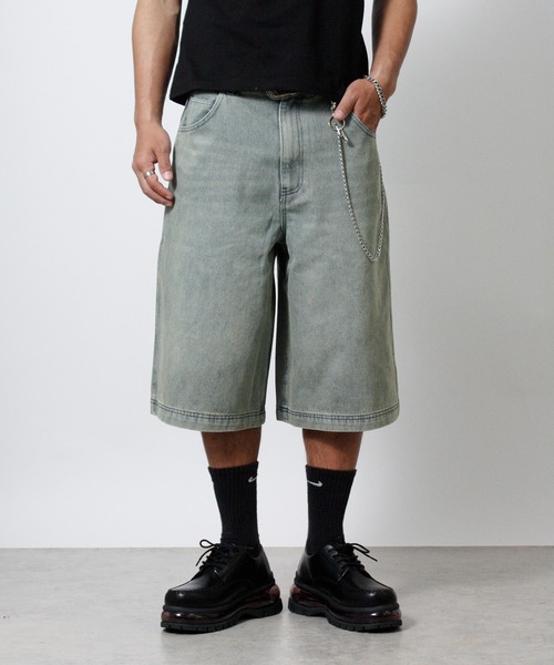 NYLAUS(ナイラス)の「【Nylaus】ヴィンテージ デニムワイドハーフパンツ ショートパンツ オーバーダイ ブラスト加工(デニムパンツ・メンズ・ブルー/ブラック/ネイビー・L/M)」の16枚目の写真