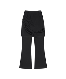 ドレープピンタックミディスカートパンツセット - ブラック