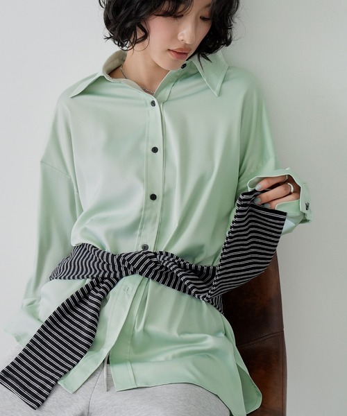 NOGLE（ノグル）の「【NOGLE/ノグル】サテンドレープオーバーシャツ（シャツ/ブラウス・レディース・ピンク/ミント・FREE）」の2枚目の写真