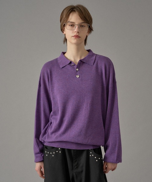 ONCILY（オンシェリー）の「SILVER BUTTON HIGH GAUGE KNIT POLO SHIRT / シルバーボタンハイゲージニットポロシャツ（ポロシャツ・メンズ・パープル/イエロー/ライトグレー/チャコールグレー/ブルー・SMALL/MEDIUM/LARGE）」の4枚目の写真
