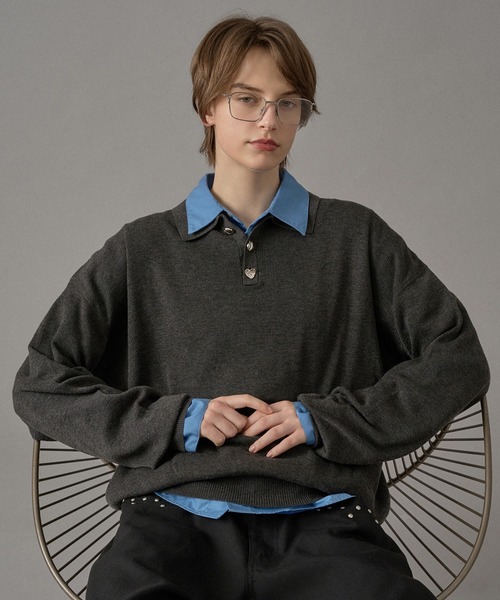 ONCILY（オンシェリー）の「SILVER BUTTON HIGH GAUGE KNIT POLO SHIRT / シルバーボタンハイゲージニットポロシャツ（ポロシャツ・メンズ・パープル/イエロー/ライトグレー/チャコールグレー/ブルー・SMALL/MEDIUM/LARGE）」の2枚目の写真