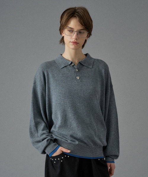 ONCILY（オンシェリー）の「SILVER BUTTON HIGH GAUGE KNIT POLO SHIRT / シルバーボタンハイゲージニットポロシャツ（ポロシャツ・メンズ・パープル/イエロー/ライトグレー/チャコールグレー/ブルー・SMALL/MEDIUM/LARGE）」の3枚目の写真