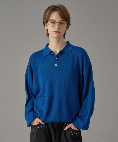 ONCILY（オンシェリー）の「SILVER BUTTON HIGH GAUGE KNIT POLO SHIRT / シルバーボタンハイゲージニットポロシャツ（ポロシャツ・メンズ・パープル/イエロー/ライトグレー/チャコールグレー/ブルー・SMALL/MEDIUM/LARGE）」の6枚目の写真