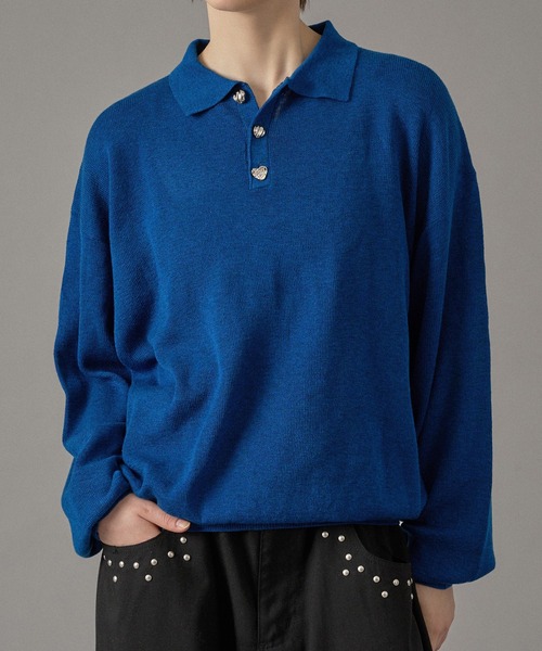 ONCILY（オンシェリー）の「SILVER BUTTON HIGH GAUGE KNIT POLO SHIRT / シルバーボタンハイゲージニットポロシャツ（ポロシャツ・メンズ・パープル/イエロー/ライトグレー/チャコールグレー/ブルー・SMALL/MEDIUM/LARGE）」の9枚目の写真