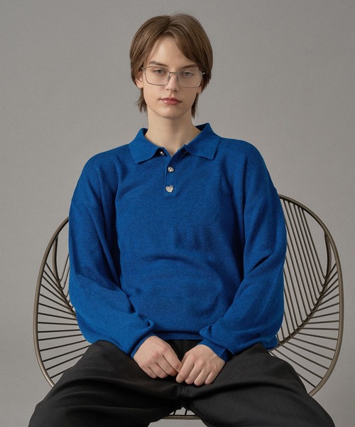 ONCILY（オンシェリー）の「SILVER BUTTON HIGH GAUGE KNIT POLO SHIRT / シルバーボタンハイゲージニットポロシャツ（ポロシャツ・メンズ・パープル/イエロー/ライトグレー/チャコールグレー/ブルー・SMALL/MEDIUM/LARGE）」の8枚目の写真