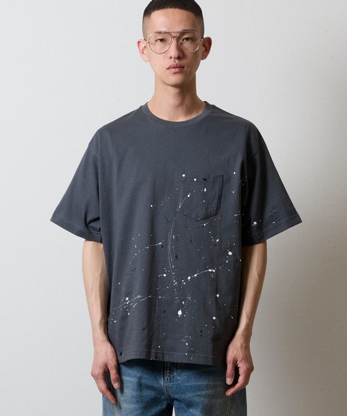 HAND PAINTED BASIC HEM PRINTED POCKET T-SHIRT / ハンドペイント