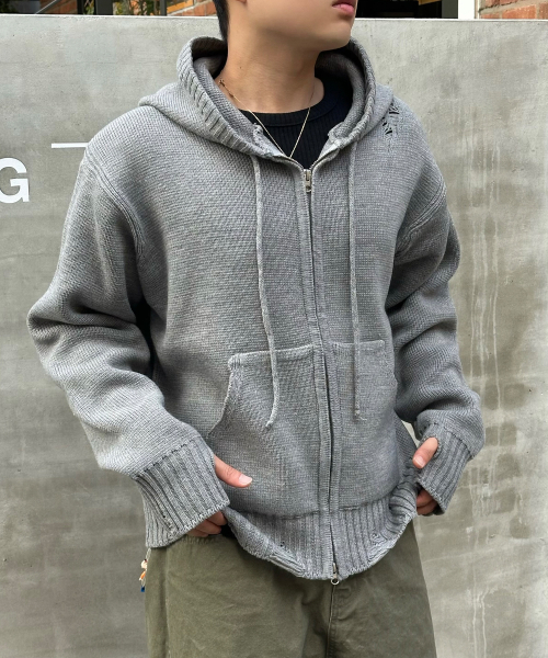 BASEMOMENT（ベースモーメント）の「ディストロイドニットフードジップアップメランジグレー（パーカー・メンズ・その他・MEDIUM/LARGE）」の7枚目の写真