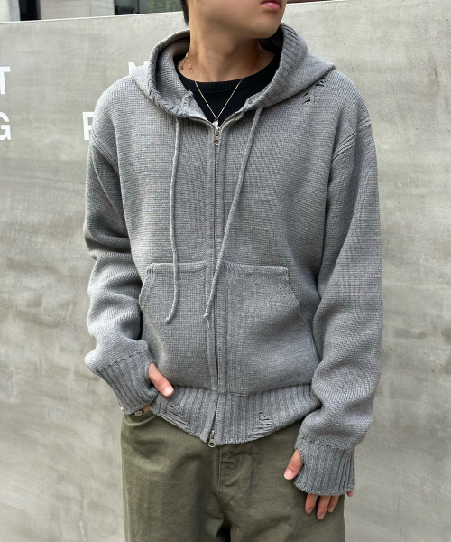 BASEMOMENT（ベースモーメント）の「ディストロイドニットフードジップアップメランジグレー（パーカー・メンズ・その他・MEDIUM/LARGE）」の6枚目の写真