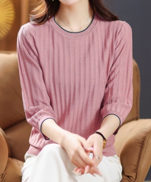 Miniministore(ミニミニストア)の「透かし編みサマーニット 薄手トップス春夏(Tシャツ/カットソー・レディース・ブラック/ライトベージュ/ピンク/ダークブルー・FREE)」の18枚目の写真