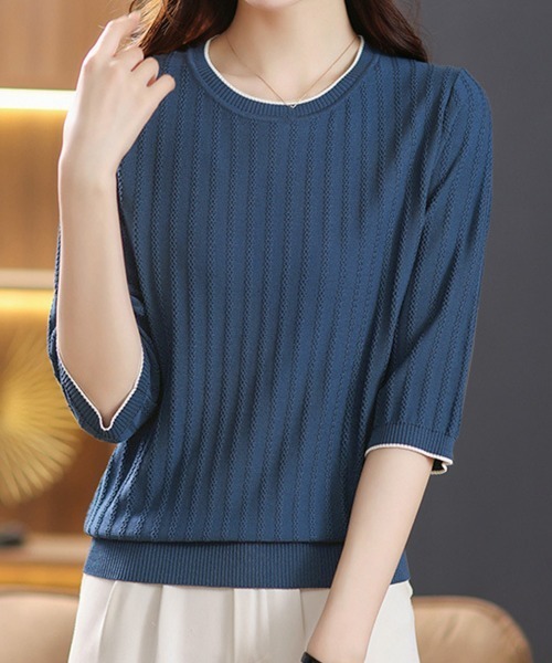 Miniministore(ミニミニストア)の「透かし編みサマーニット 薄手トップス春夏(Tシャツ/カットソー・レディース・ブラック/ライトベージュ/ピンク/ダークブルー・FREE)」の20枚目の写真