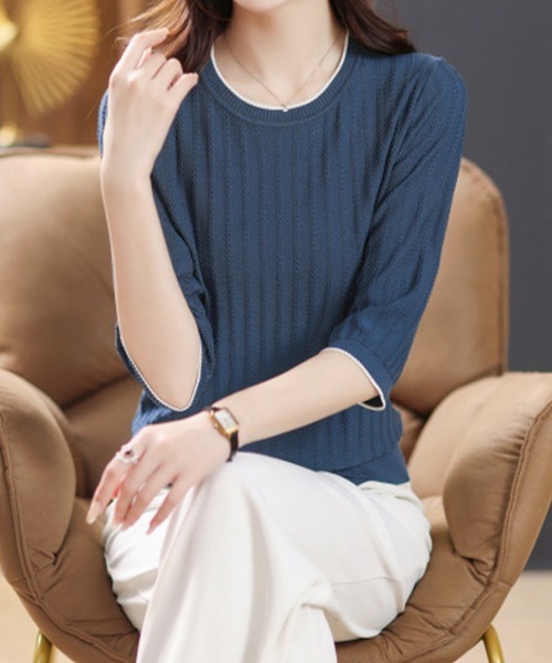 Miniministore(ミニミニストア)の「透かし編みサマーニット 薄手トップス春夏(Tシャツ/カットソー・レディース・ブラック/ライトベージュ/ピンク/ダークブルー・FREE)」の21枚目の写真