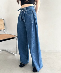 丈感長めでシーズンレス♪サイドタック入りワイドデニムパンツ ストレートデニム 柔らかワイドイージーパンツ/デニム/スラックス
