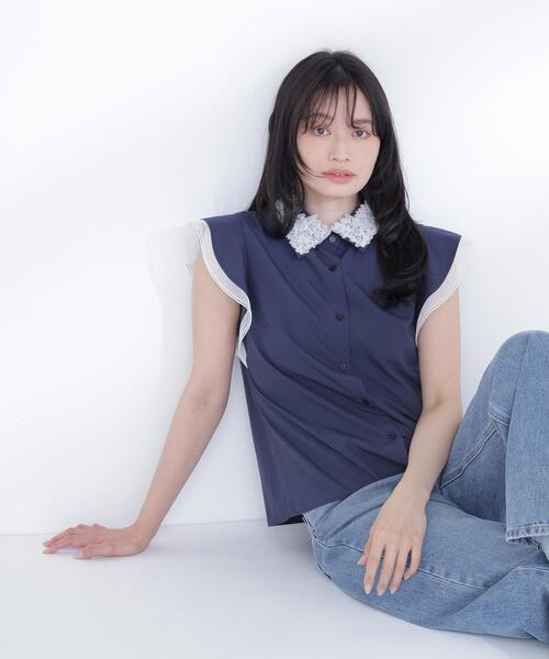 NATURAL BEAUTY BASIC(ナチュラルビューティーベーシック)の「チュールカラーシャツ(シャツ/ブラウス・レディース・イエロー系その他/ネイビー/ホワイト系その他・MEDIUM/SMALL)」の3枚目の写真