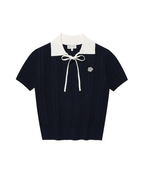 Wacky WiLLy(ワッキーウィリー)の「WOMEN'S RIBBON COLLAR SHORT SLEEVE KNIT(ニット/セーター・レディース・ダークネイビー/ライトグレー・SMALL/MEDIUM)」の1枚目の写真