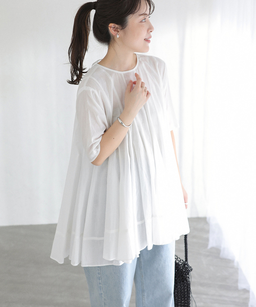 La TOTALITE(ラトータリテ)の「【洗える】コットンハギフレアチュニック(シャツ/ブラウス・レディース・ブラック/ホワイト/サックスブルー・FREE)」の13枚目の写真