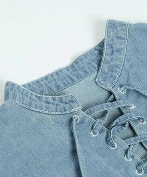 Lace Ladies(レースレディース)の「レースアップ デニム ギャザー チュニック ブラウス(シャツ/ブラウス・レディース・ネイビー/ブラック・FREE)」の7枚目の写真