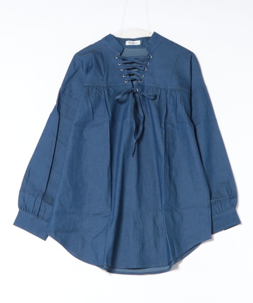 Lace Ladies(レースレディース)の「レースアップ デニム ギャザー チュニック ブラウス(シャツ/ブラウス・レディース・ネイビー/ブラック・FREE)」の14枚目の写真
