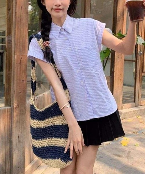 SHEPP(シープ)の「フレンチスリーブ ストライプシャツ(シャツ/ブラウス・レディース・ピンク/ブルー・M/S)」の7枚目の写真