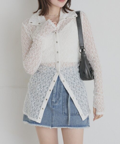 mline（エムライン）の「[mline]シアーレース ブラウス（Tシャツ/カットソー・レディース・アイボリー/ブラック/ピンク/オフホワイト・FREE）」の2枚目の写真