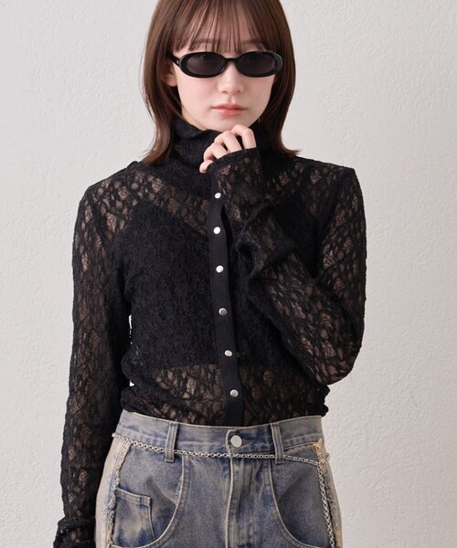 mline（エムライン）の「[mline]シアーレース ブラウス（Tシャツ/カットソー・レディース・アイボリー/ブラック/ピンク/オフホワイト・FREE）」の3枚目の写真