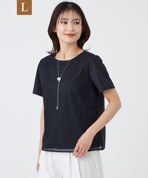 TRANS WORK(トランスワーク)の「【L】【ウォッシャブル】ジョーゼットジャージカットソー(Tシャツ/カットソー・レディース・ネイビー/オフホワイト・44/46)」の2枚目の写真