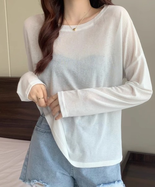 mielu(ミエル)の「ベーシックシアーロングTシャツ(Tシャツ/カットソー・レディース・ミント/ブルー/グリーン/ピンク/ホワイト・FREE)」の2枚目の写真