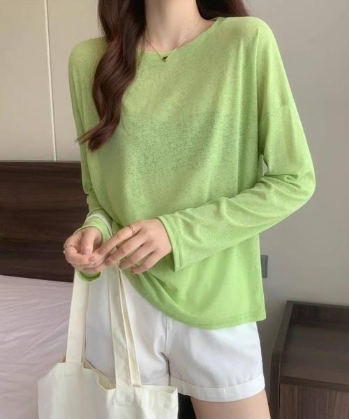 mielu(ミエル)の「ベーシックシアーロングTシャツ(Tシャツ/カットソー・レディース・ミント/ブルー/グリーン/ピンク/ホワイト・FREE)」の3枚目の写真