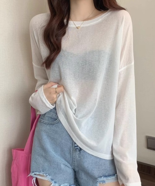 mielu(ミエル)の「ベーシックシアーロングTシャツ(Tシャツ/カットソー・レディース・ミント/ブルー/グリーン/ピンク/ホワイト・FREE)」の22枚目の写真