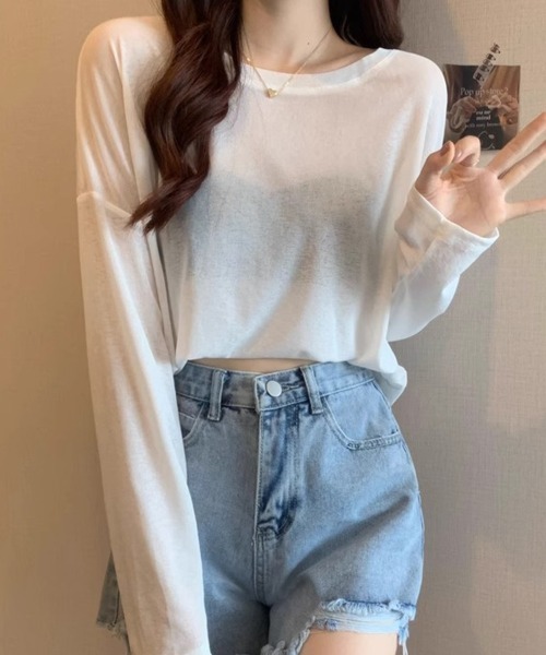 mielu(ミエル)の「ベーシックシアーロングTシャツ(Tシャツ/カットソー・レディース・ミント/ブルー/グリーン/ピンク/ホワイト・FREE)」の15枚目の写真