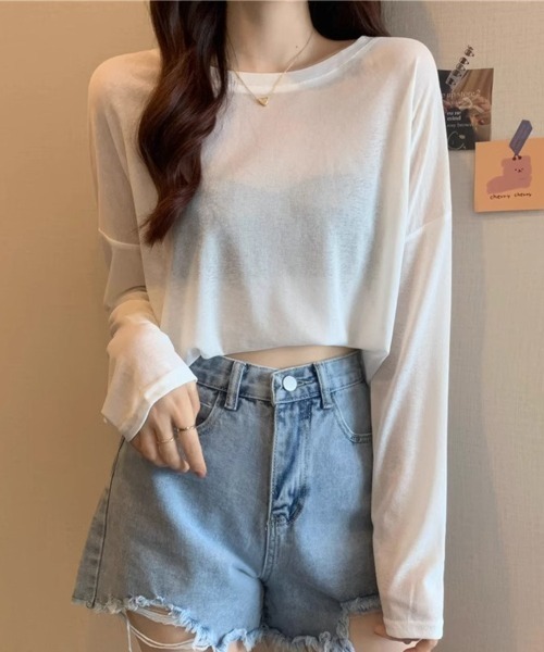 mielu(ミエル)の「ベーシックシアーロングTシャツ(Tシャツ/カットソー・レディース・ミント/ブルー/グリーン/ピンク/ホワイト・FREE)」の16枚目の写真