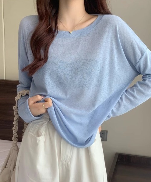mielu(ミエル)の「ベーシックシアーロングTシャツ(Tシャツ/カットソー・レディース・ミント/ブルー/グリーン/ピンク/ホワイト・FREE)」の8枚目の写真