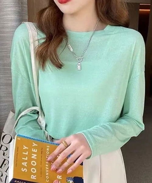 mielu(ミエル)の「ベーシックシアーロングTシャツ(Tシャツ/カットソー・レディース・ミント/ブルー/グリーン/ピンク/ホワイト・FREE)」の13枚目の写真