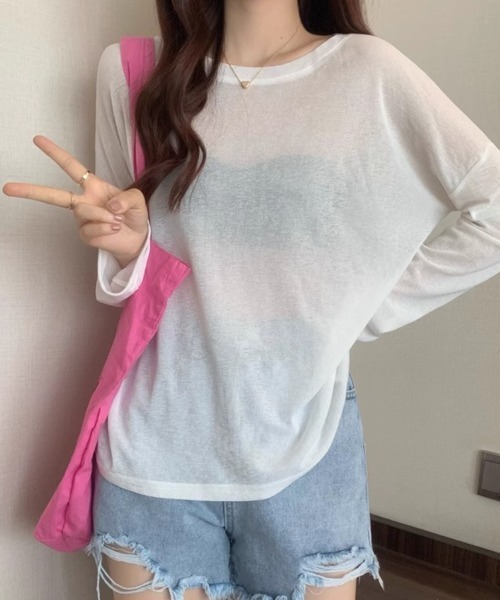 mielu(ミエル)の「ベーシックシアーロングTシャツ(Tシャツ/カットソー・レディース・ミント/ブルー/グリーン/ピンク/ホワイト・FREE)」の7枚目の写真
