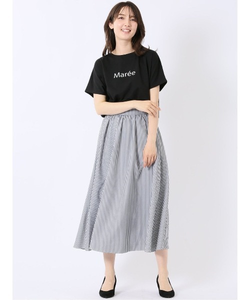 m.f.editorial(エムエフエディトリアル)の「【ロング丈 ウエストゴム】チャームベリーチック/CHRM BERRY TIC ストライプ プリント ギャザー スカート(スカート・レディース・ネイビー/ブラック・MEDIUM)」の8枚目の写真
