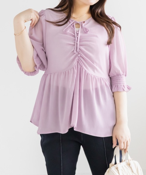 CLETTE(クレット)の「CLETTEオリジナルリボンネックシアーブラウス(シャツ/ブラウス・レディース・ピンク/ブルー/オフホワイト・3L/LL/4L)」の11枚目の写真