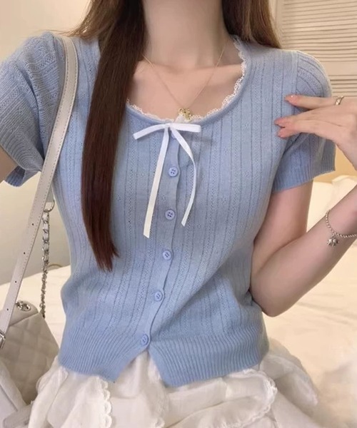meJane(ミージェーン)の「ピコレースリボン 透かし編み半そでニットカーディガン(カーディガン/ボレロ・レディース・オフホワイト/ライトブルー/ブラック/グレー・FREE)」の19枚目の写真